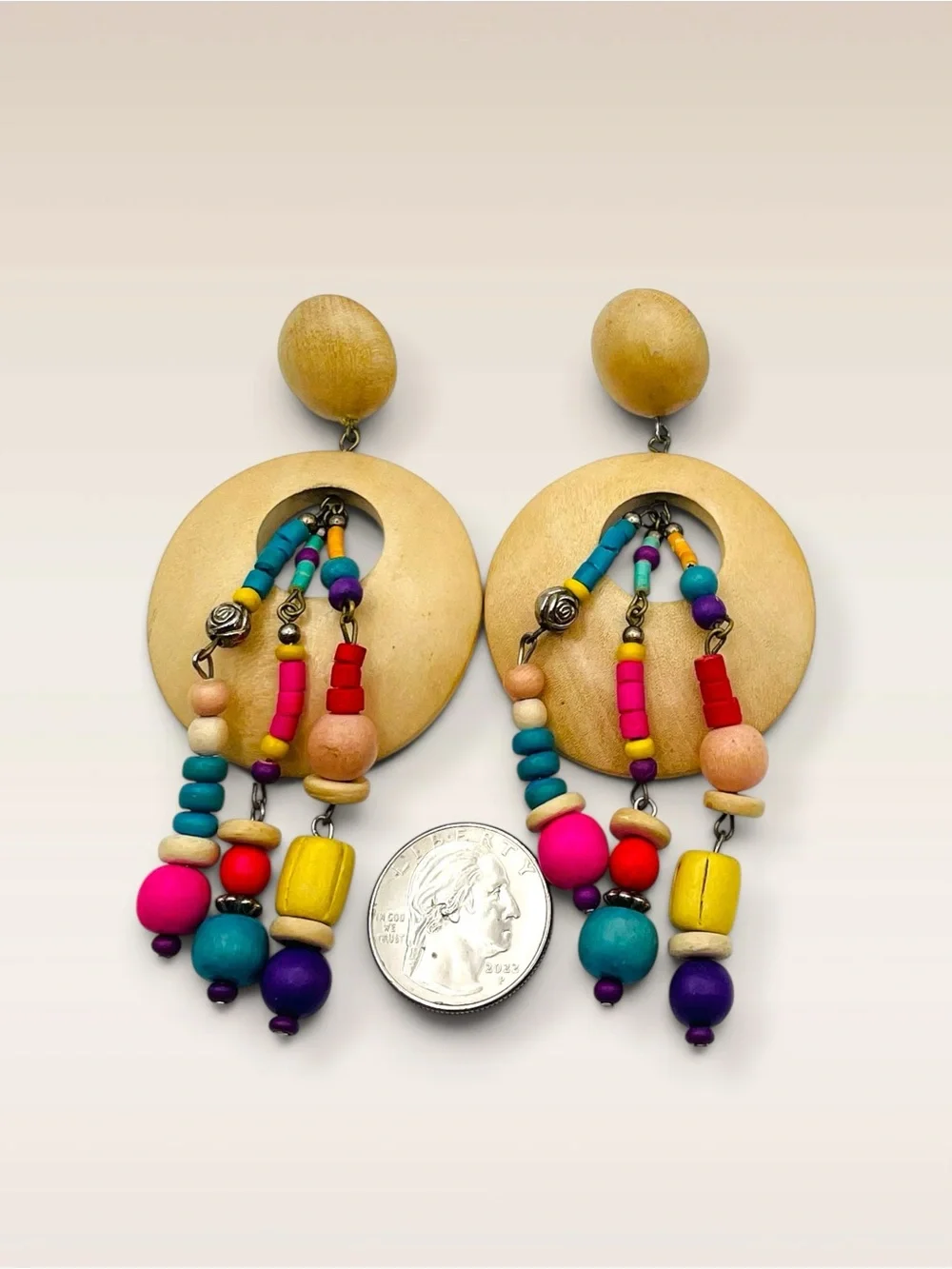 Vintage Multi-Color Beaded Wood Statement Dangle Pierced Earrings Boho